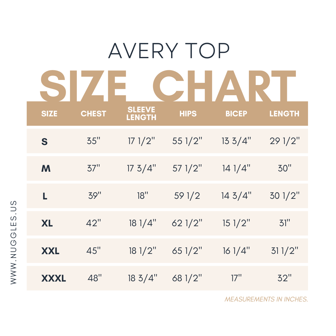 Size chart for the Avery Top by Nuggles®, showing measurements in inches for sizes S through XXXL, including chest, sleeve length, hips, bicep, and length.
