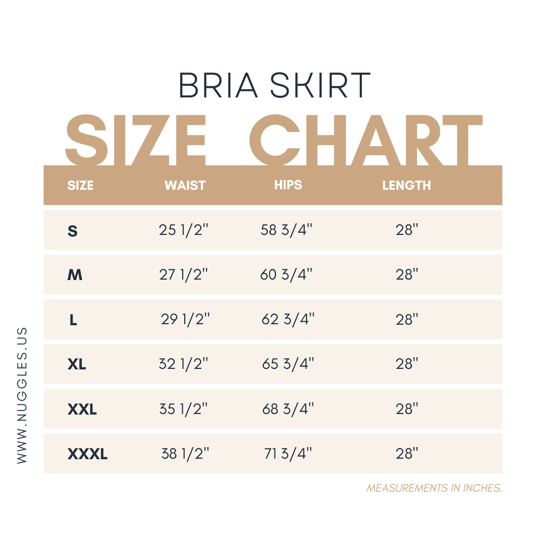 Size chart for Nuggles® Bria Skirt with measurements in inches