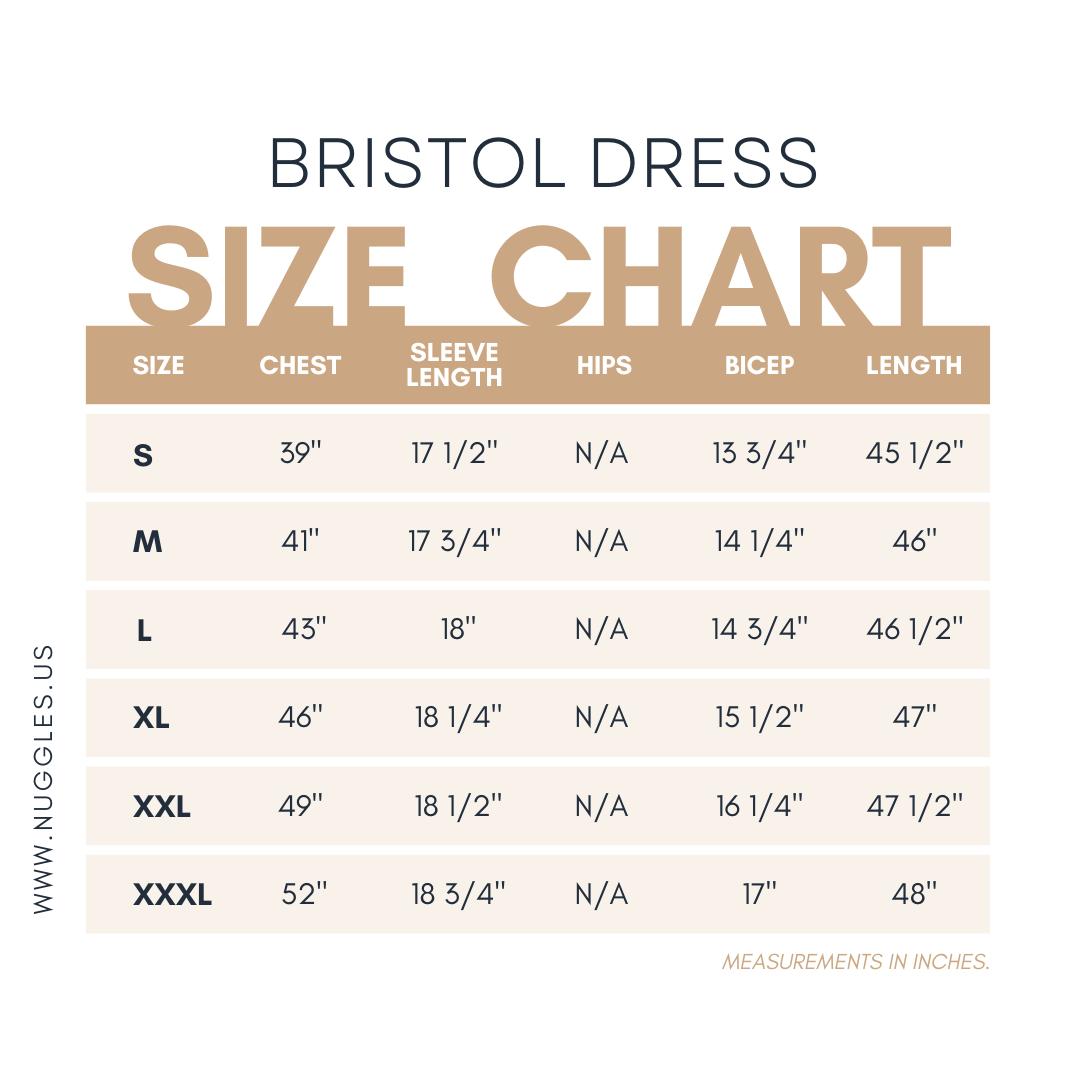 Size chart for Nuggles® Bristol Dress with measurements for bust, waist, hip, and length.