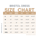 Size chart for Nuggles® Bristol Dress with measurements for bust, waist, hip, and length.