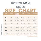 Size chart for Nuggles® Maxi Bristol Dress showing measurements for bust, waist, hips, and length.