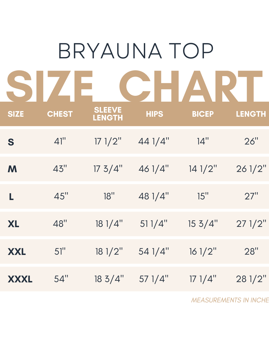 Bryauna Top Size Chart from Nuggles®, showing measurements for sizes Small to XXXL in chest, sleeve length, hips, bicep, and overall length