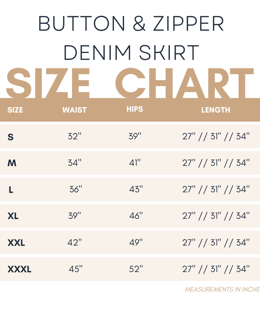 Size chart for Nuggles® Denim Skirt showing waist, hip, and length measurements for sizes S to XXXL in inches.