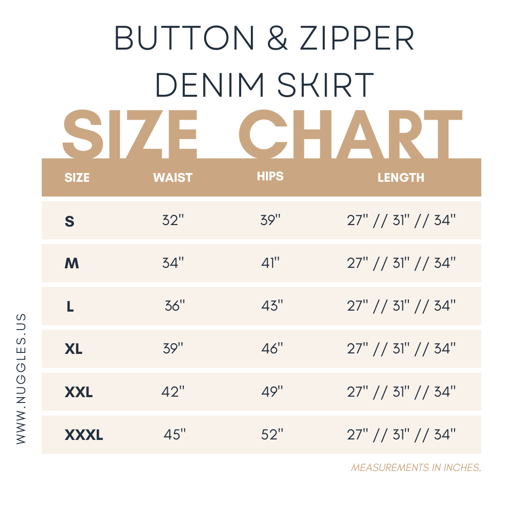 Size chart for Nuggles® Denim Skirt showing waist, hip, and length measurements for sizes S to XXXL in inches.