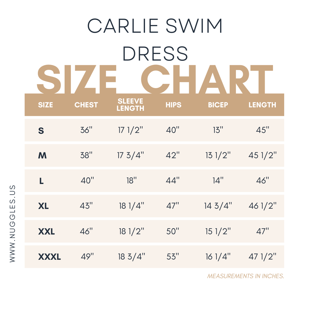 Size chart for Nuggles® Carlie Swim Dress with measurements in inches