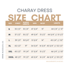 Nuggles® Charay Dress size chart showing chest, sleeve length, hips, bicep, and high-low hem measurements in inches for sizes S to XXXL.