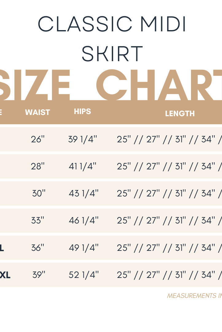 Classic Nuggles® Midi Skirt Size Chart showing waist, hip, and length measurements for sizes S to XXXL. Lengths available in 27", 31", and 34". Measurements listed in inches.