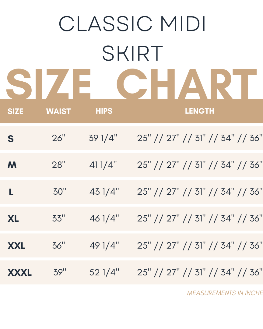 Size chart for the Nuggles® classic midi skirt with measurements in inches.