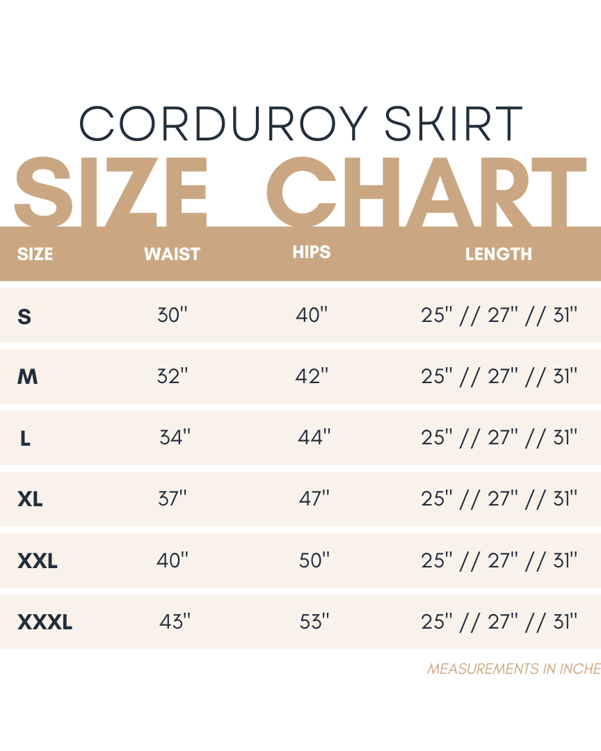 Nuggles® Corduroy skirt size chart showing measurements for 25, 27, and 31-inch lengths.