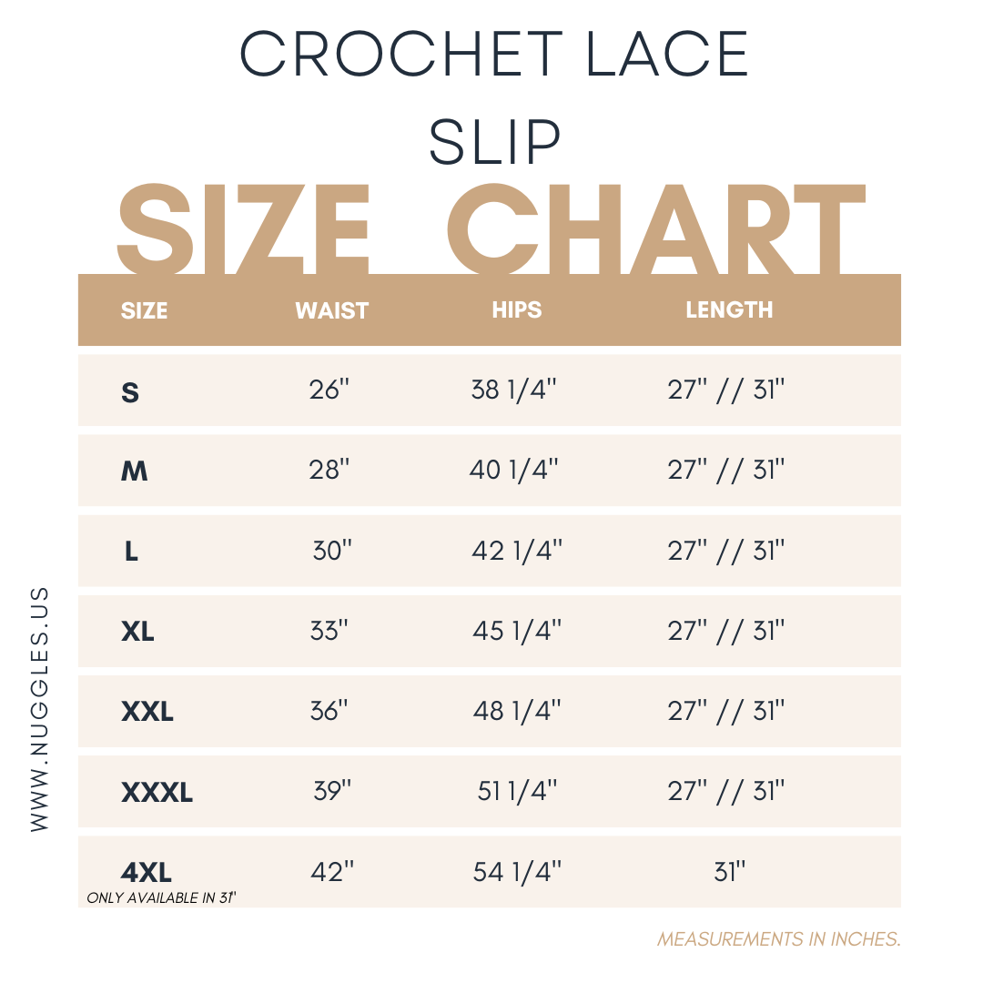 Nuggles® Crochet lace slip size chart with measurements in inches.