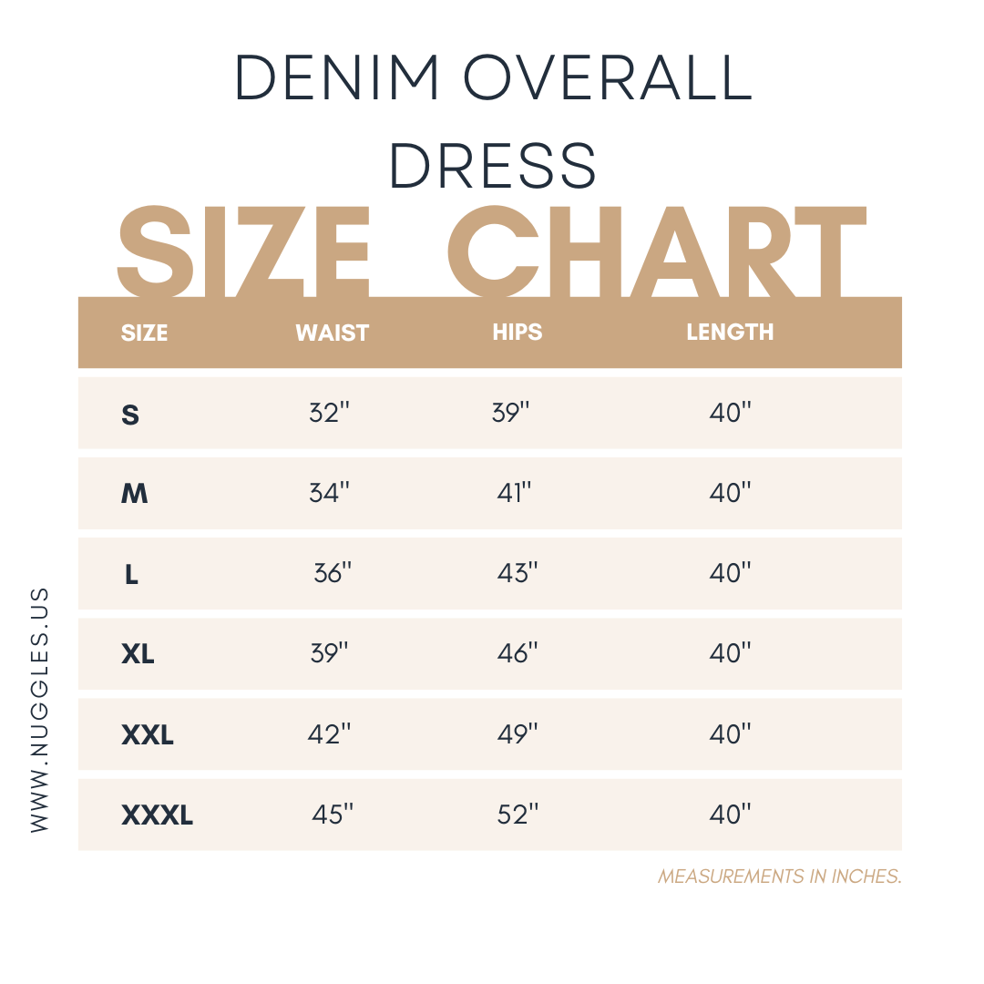 Size chart for Nuggles® Denim Overalls showing waist, hip, and length measurements for sizes S to XXXL in inches.