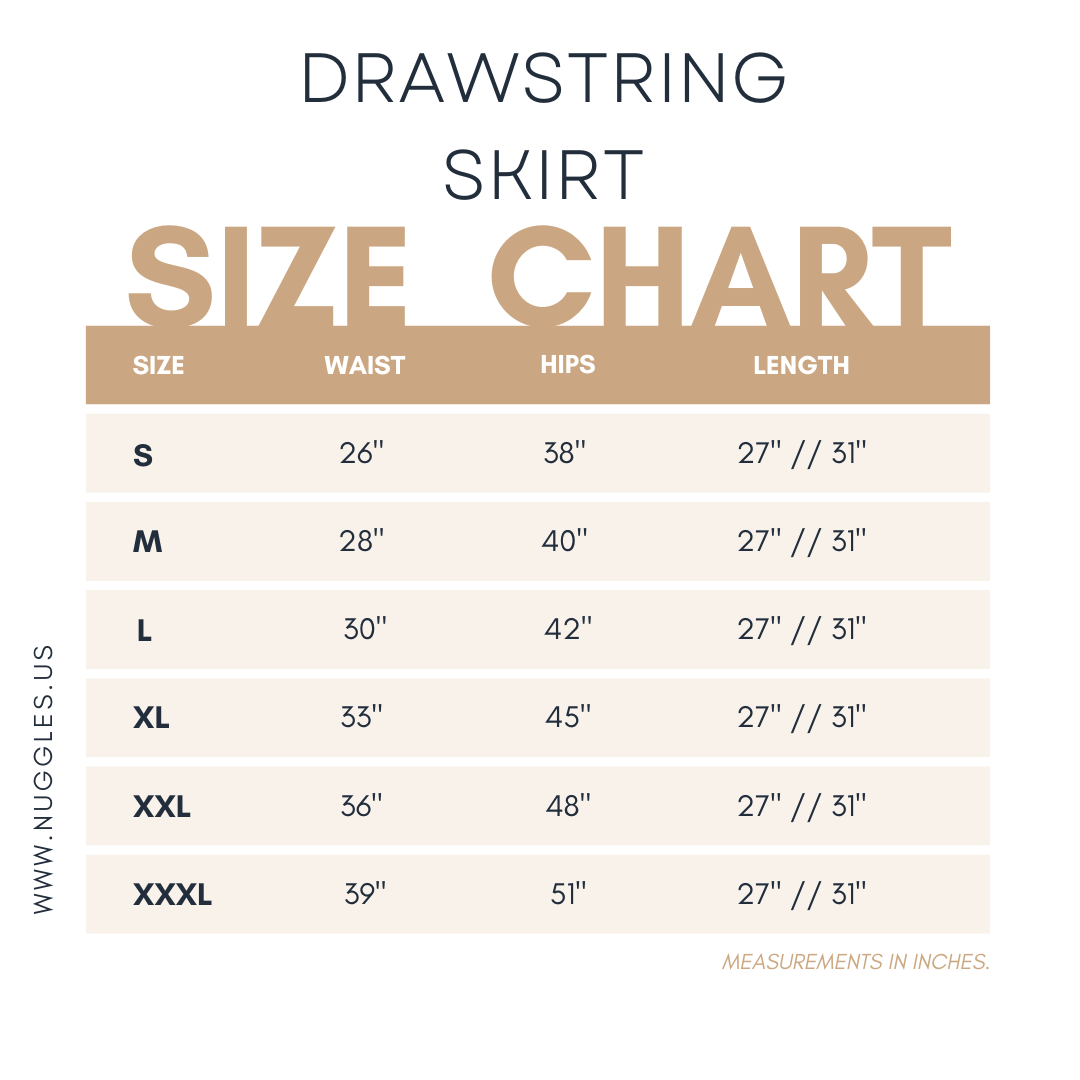 Size chart for Nuggles® Drawstring Skirt with measurements in inches