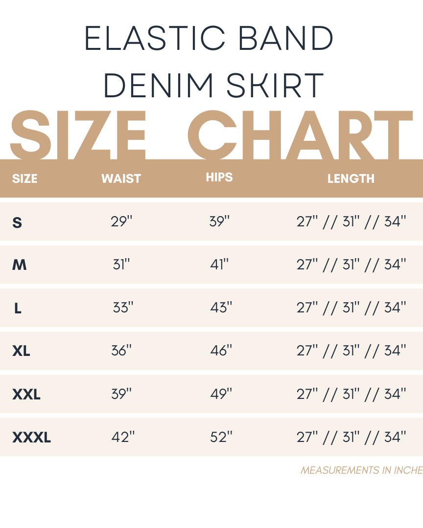 Size chart for Nuggles® Denim Skirt showing waist, hip, and length measurements for sizes S to XXXL in inches.