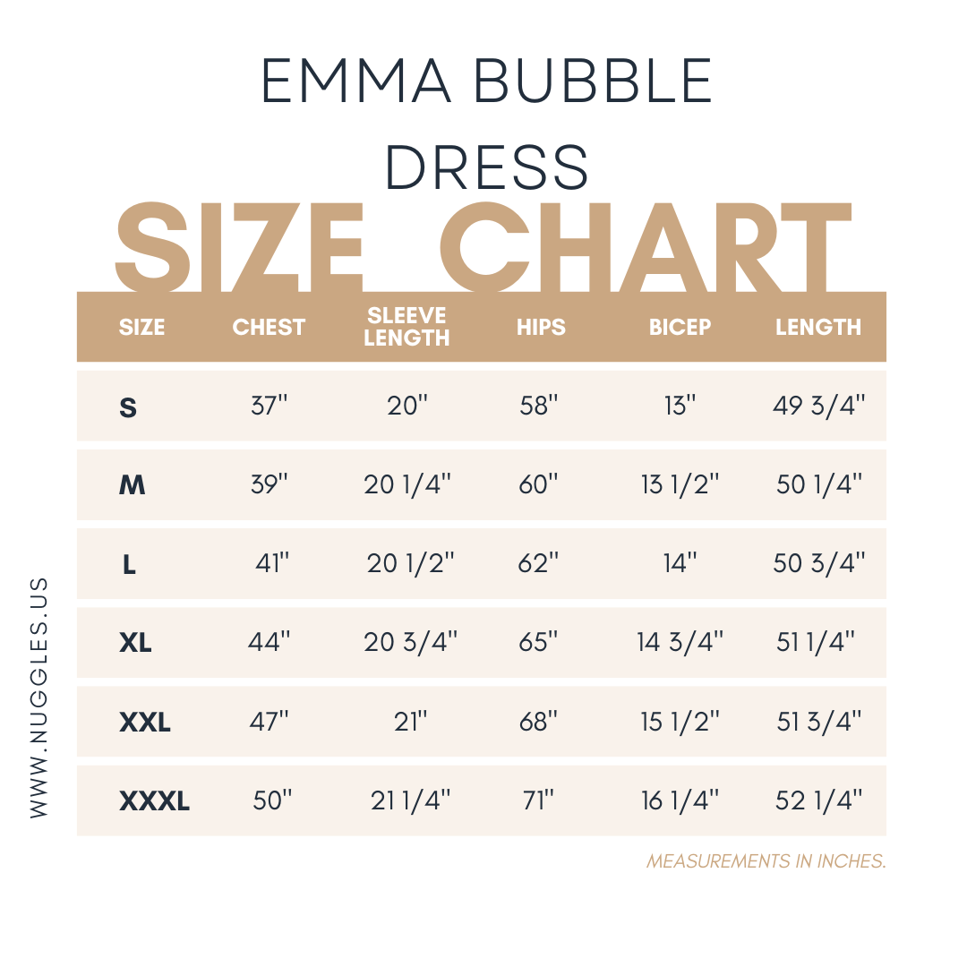 Women's Nuggles® size chart for modest Emma Bubble Dress with bust, waist, hip, and length measurements from S to 3X.