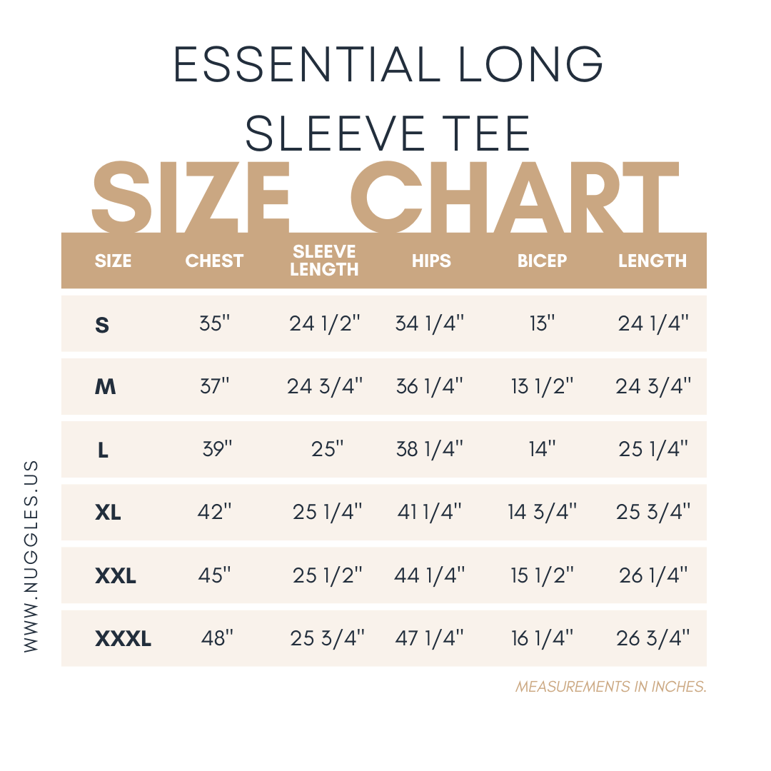 Size chart for Nuggles® Long Sleeve Tee with measurements in inches