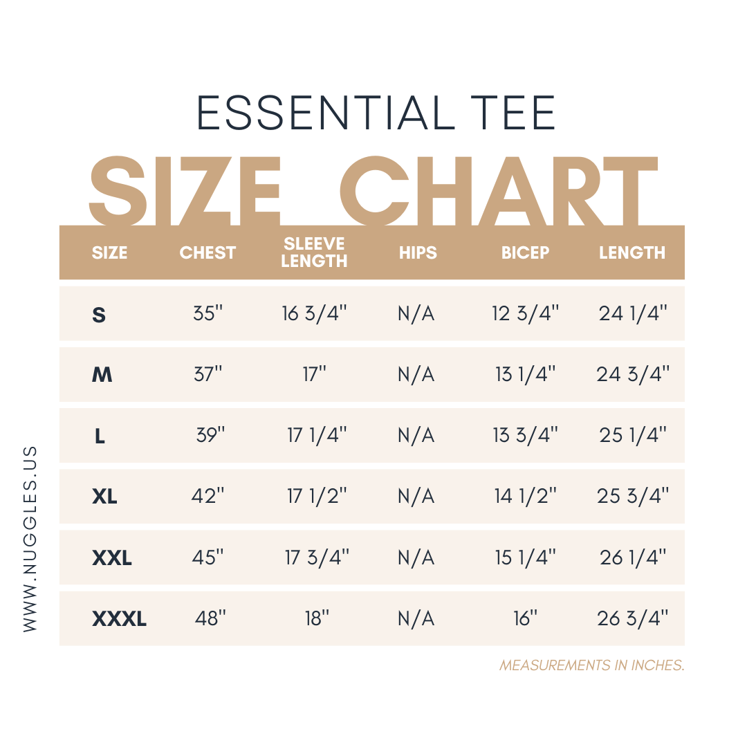Nuggles® essential layering tee size chart for women's modest fit.