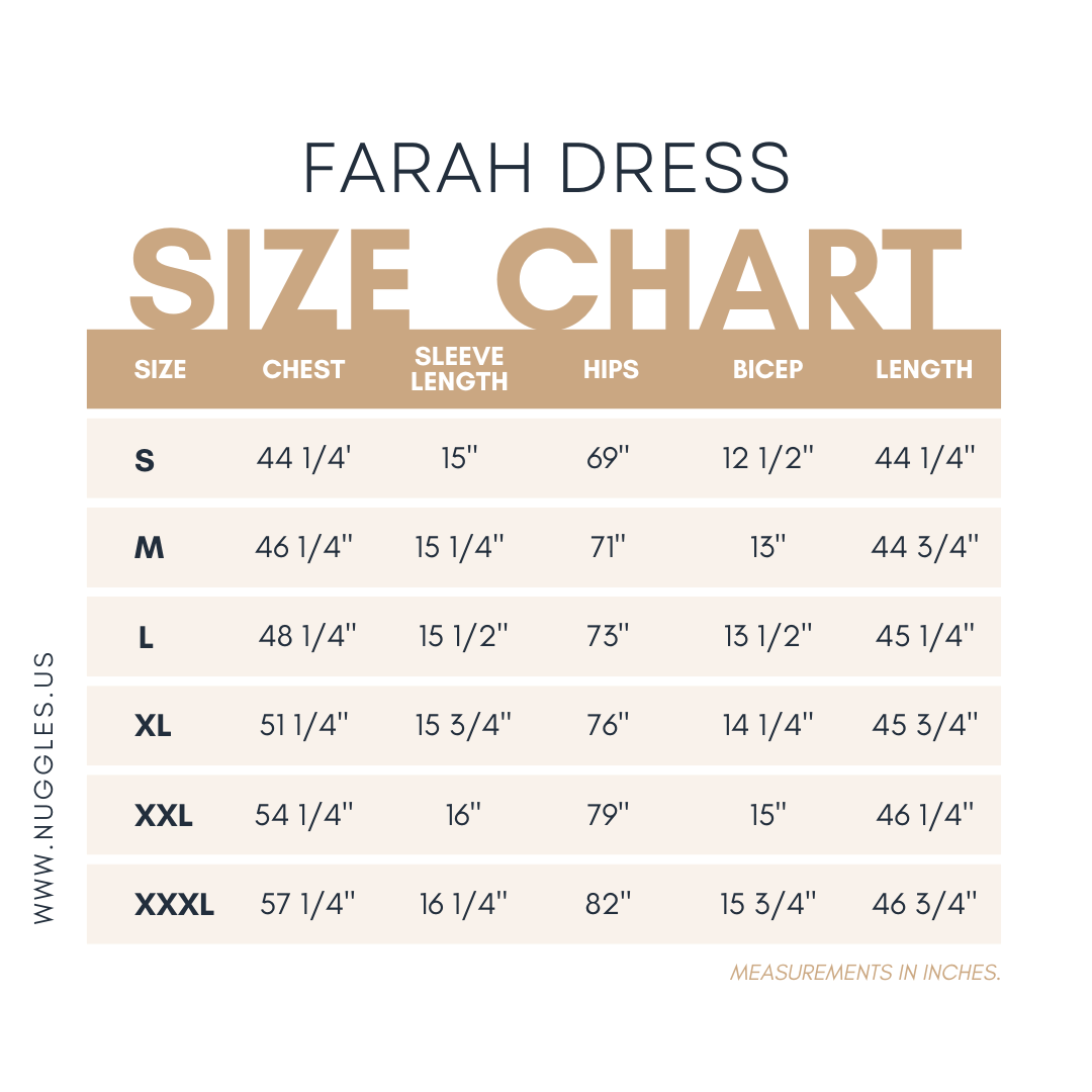Size chart for Nuggles® Farah Dress with measurements in inches