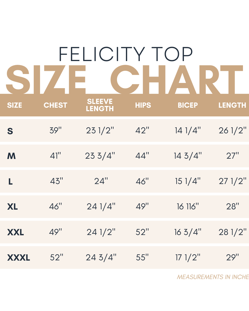Size chart for the Nuggles® Felicity Top with measurements in inches.