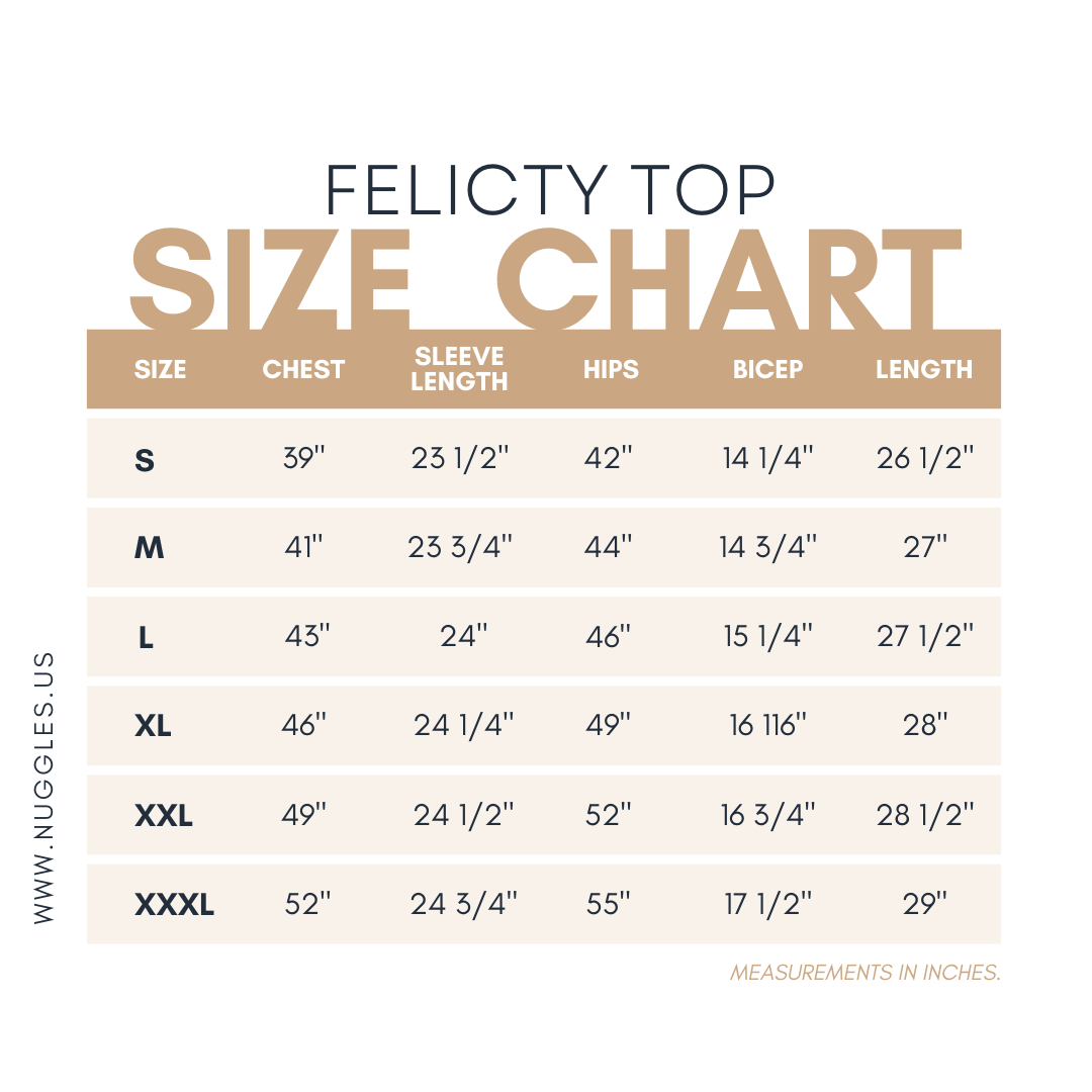 Nuggles® Felicity top size guide showing measurement chart for sizes XS to 3XL with bust, waist, and sleeve length.