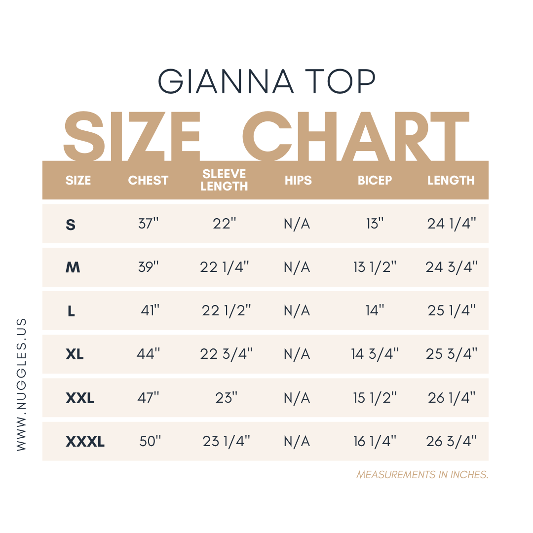 Size chart for the Nuggles® Gianna Top with measurements in inches