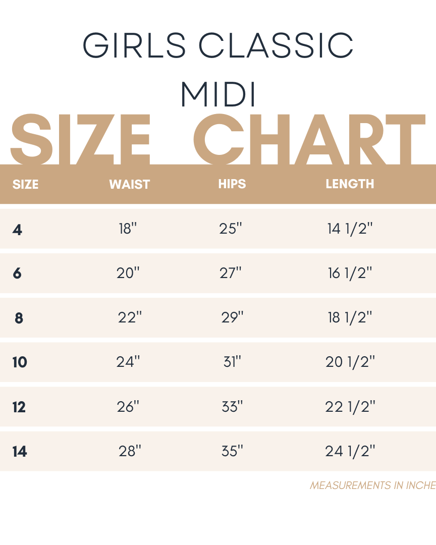 The Nuggles® Girls' Classic Midi Skirt Girls Classic Midi size chart with measurements in inches