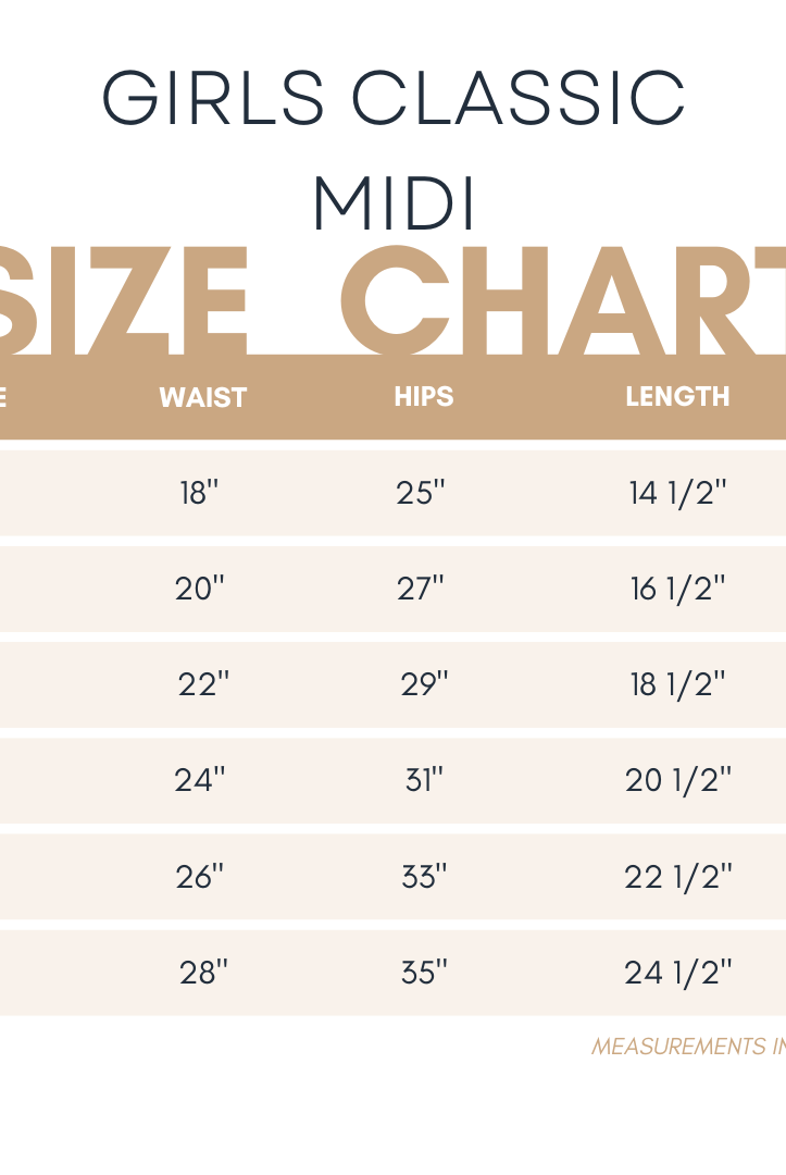 Girls' Nuggles® Classic Midi size chart with measurements in inches