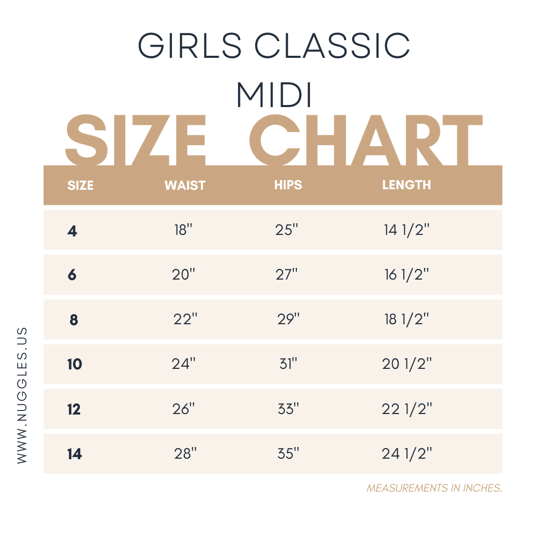 Girls' Nuggles® Classic Midi size chart with measurements in inches