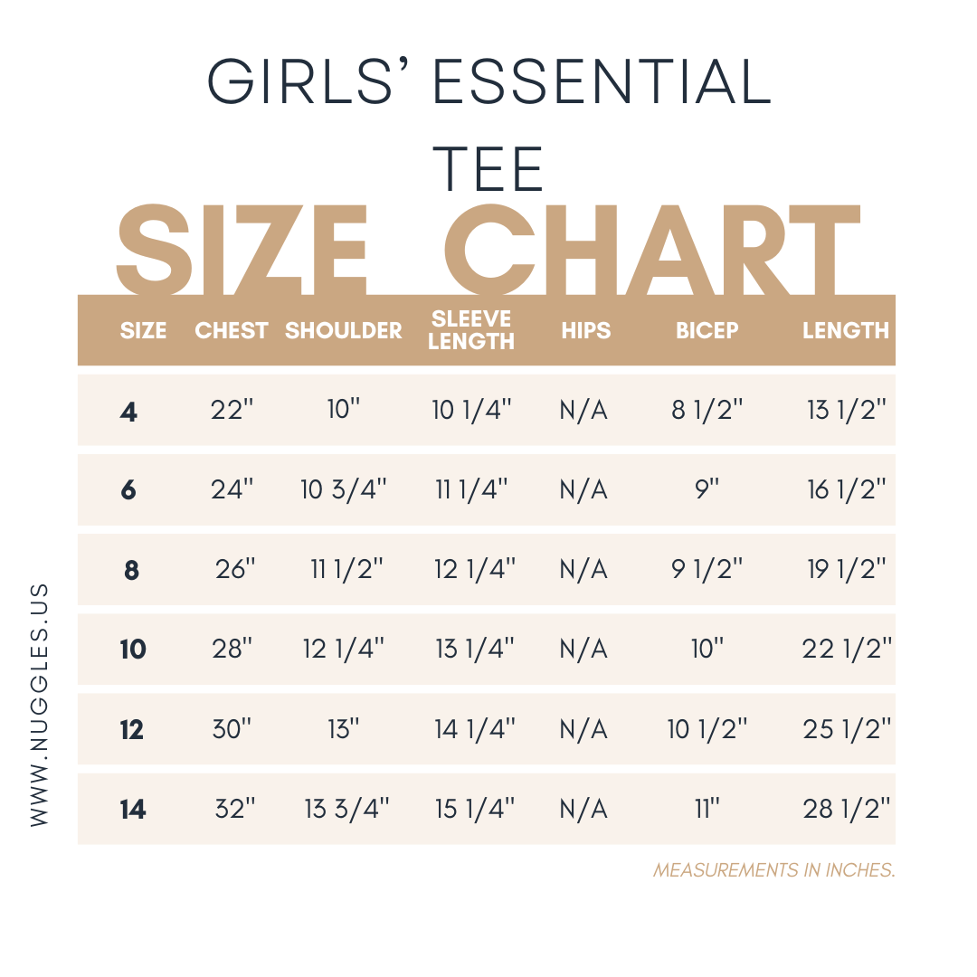 Nuggles® girls essential tee size chart – modest fit guide with measurements for girls 3/4 sleeve layering tee.
