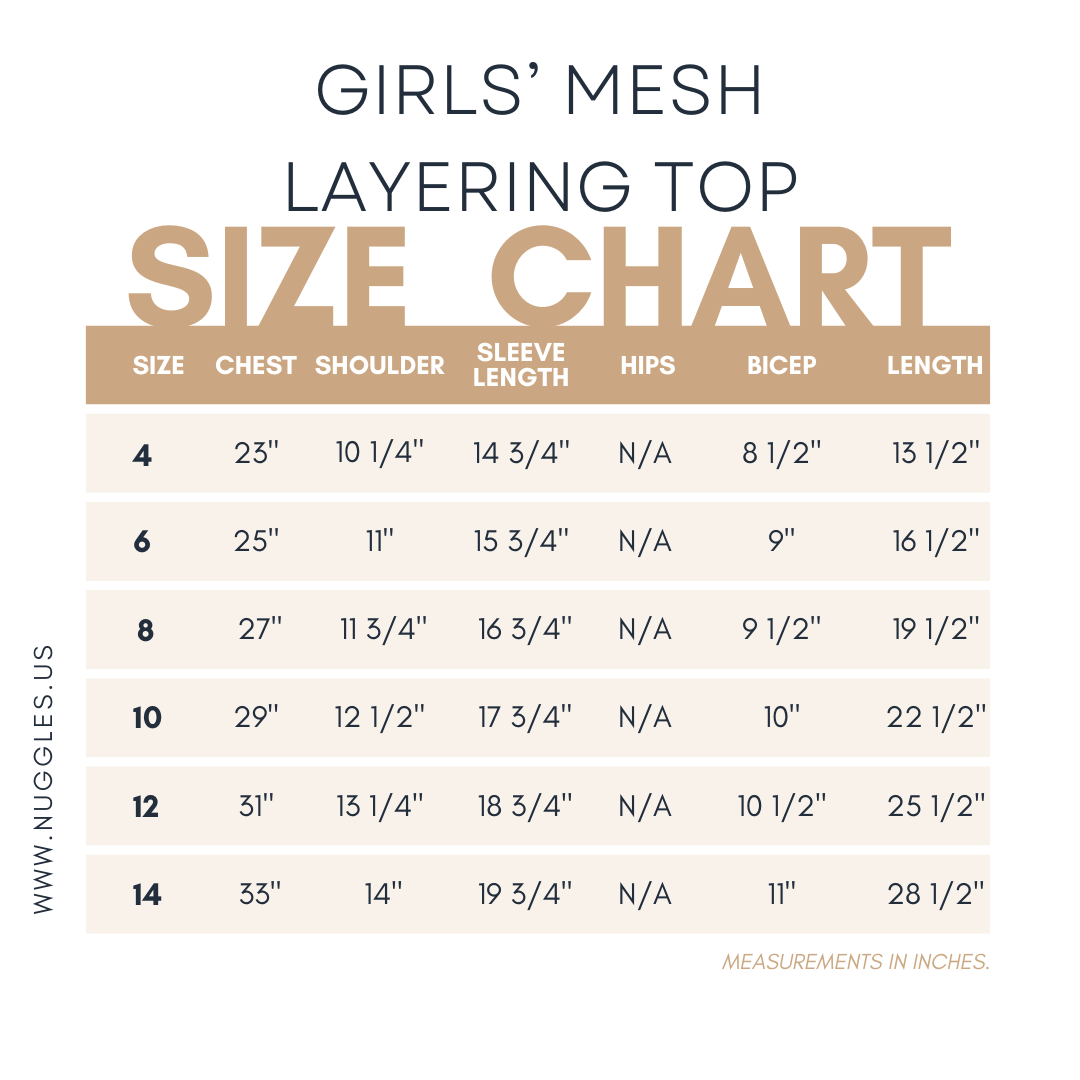 Girls' Mesh Layering Top size guide – toddler to big girl sizing (4T to 14), includes chest, length, and sleeve measurements