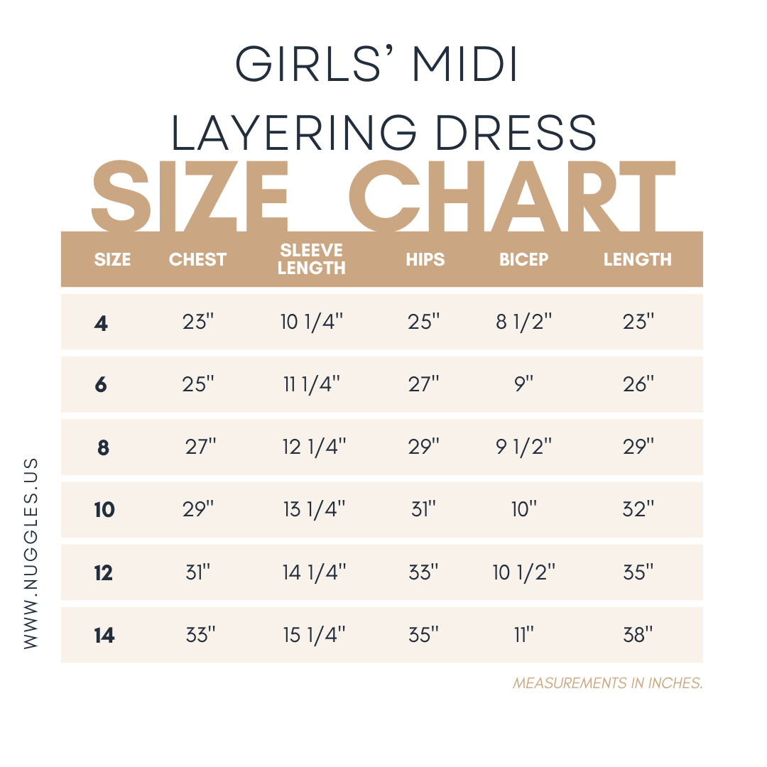 Nuggles® girls midi layering dress size chart for girls modest fit.