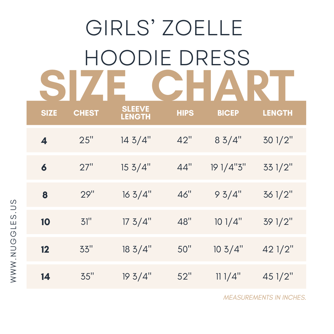Zoelle Hoodie Dress size guide – Nuggles® modest girls dress sizing.