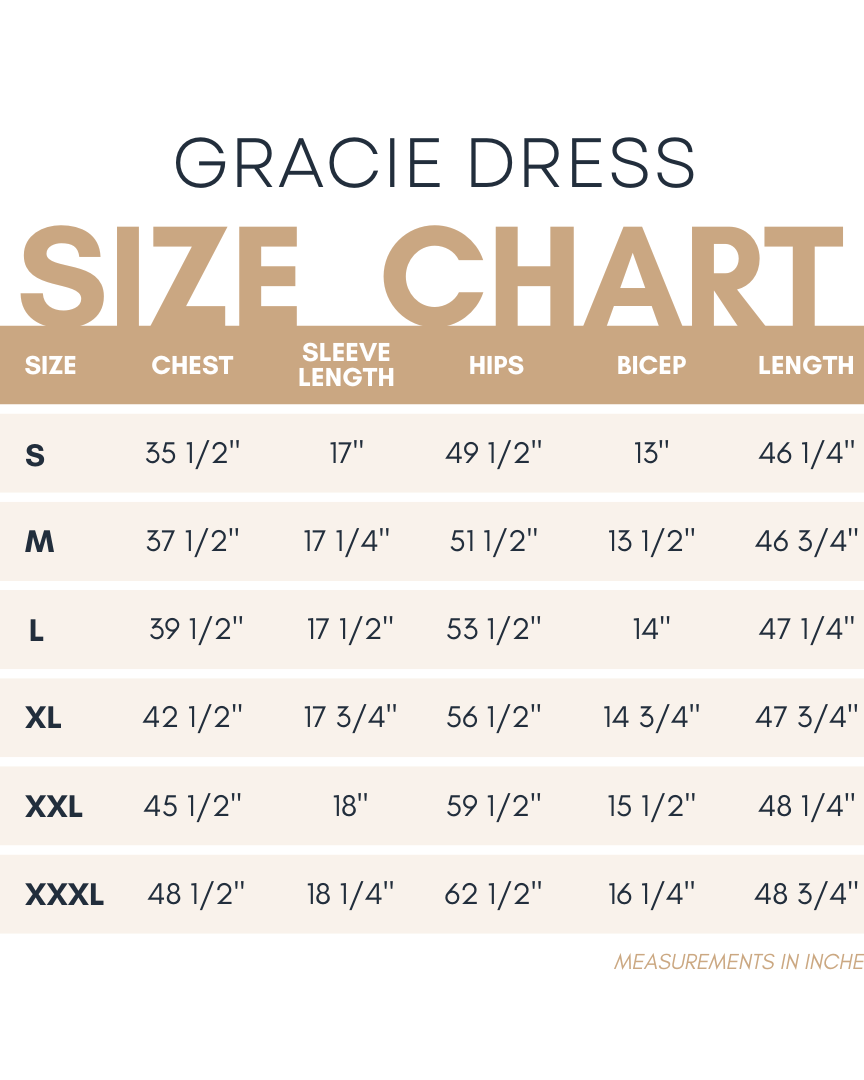 Nuggles® size chart for Gracie Dress in inches