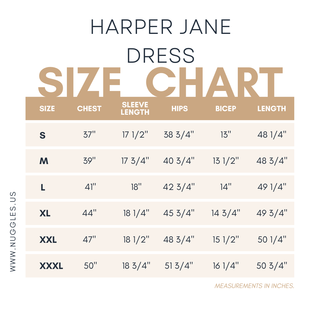 Size chart for Nuggles® Harper Jane Dress with measurements in inches