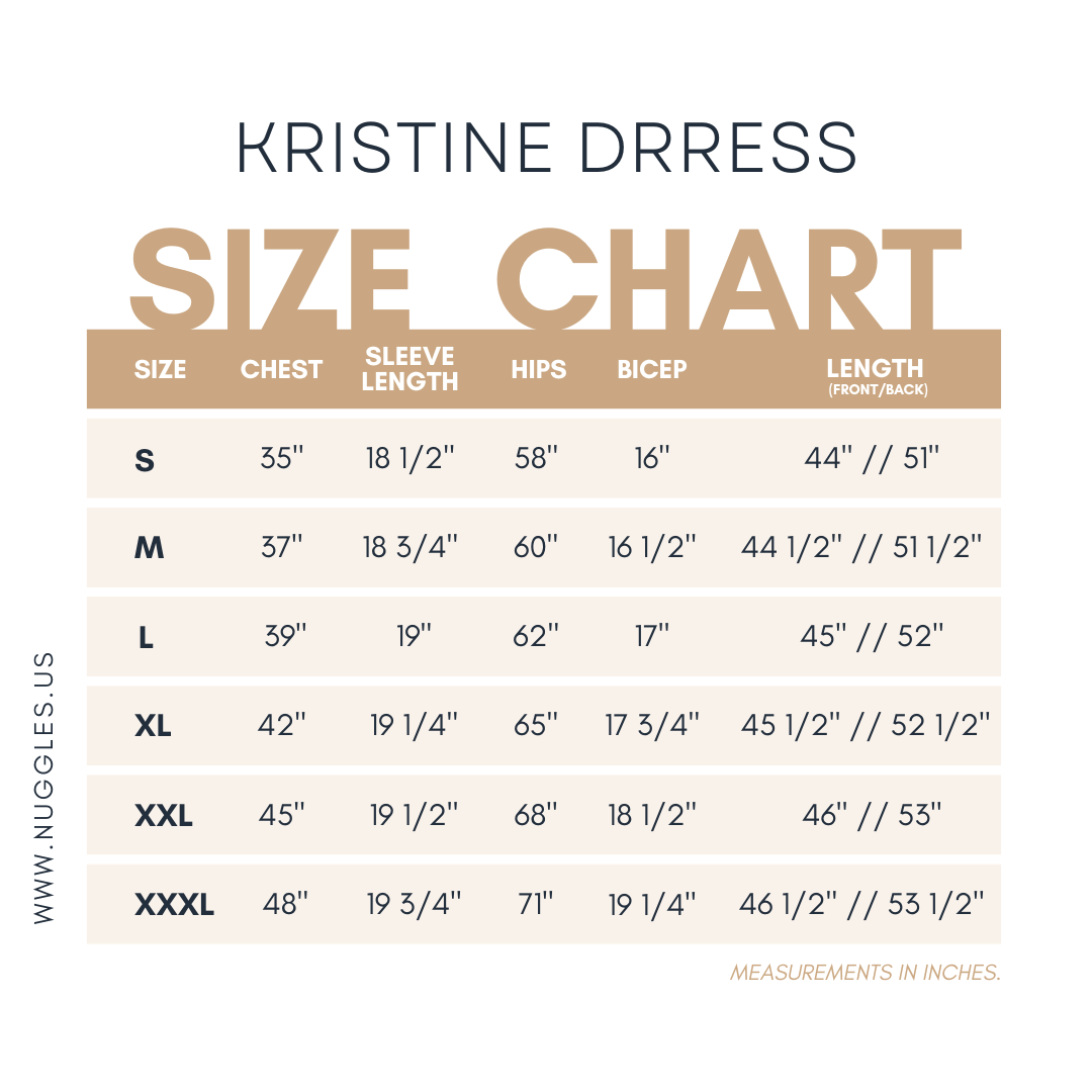Kristine High Low Dress size chart – modest knit dress measurements for chest, waist, hips, and length by Nuggles®