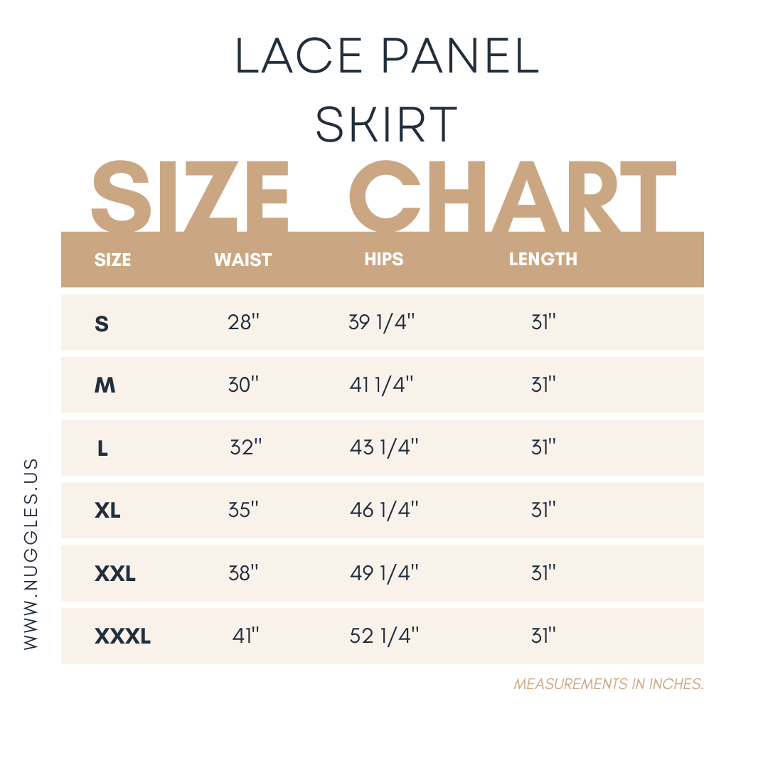 Nuggles® Lace Panel Skirt size chart with waist, hip, and length measurements for modest midi skirt.