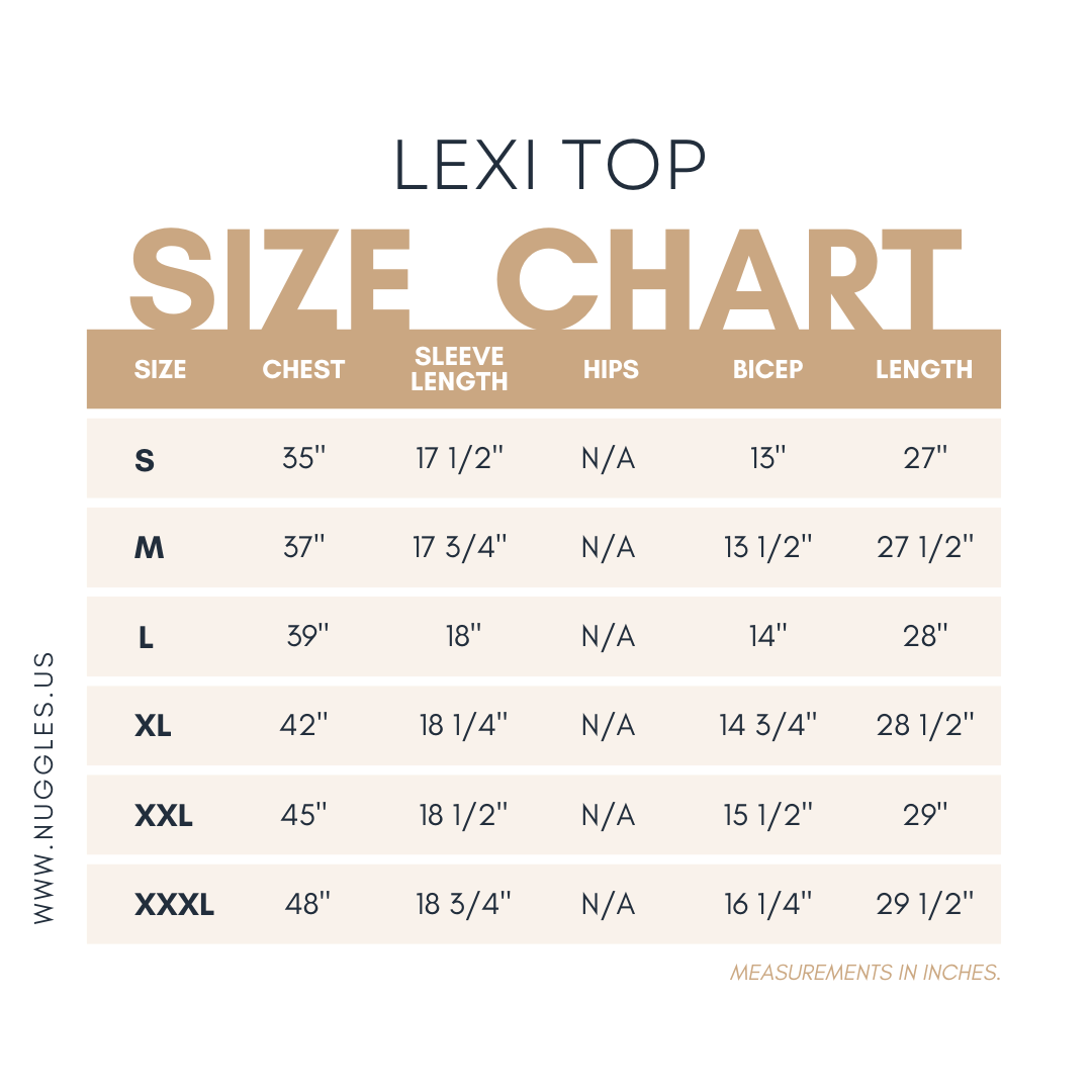 Lexi Top size chart – modest women’s tunic top sizing guide by Nuggles®, includes measurements for chest, waist, hips, and length