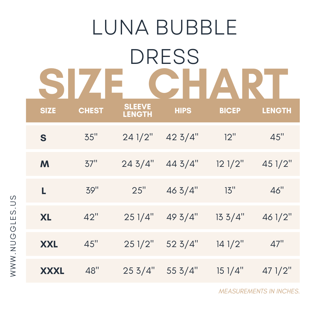 Luna Bubble Dress size chart by Nuggles® – modest fit guide with measurements for chest, waist, and length, tailored women’s sizing.