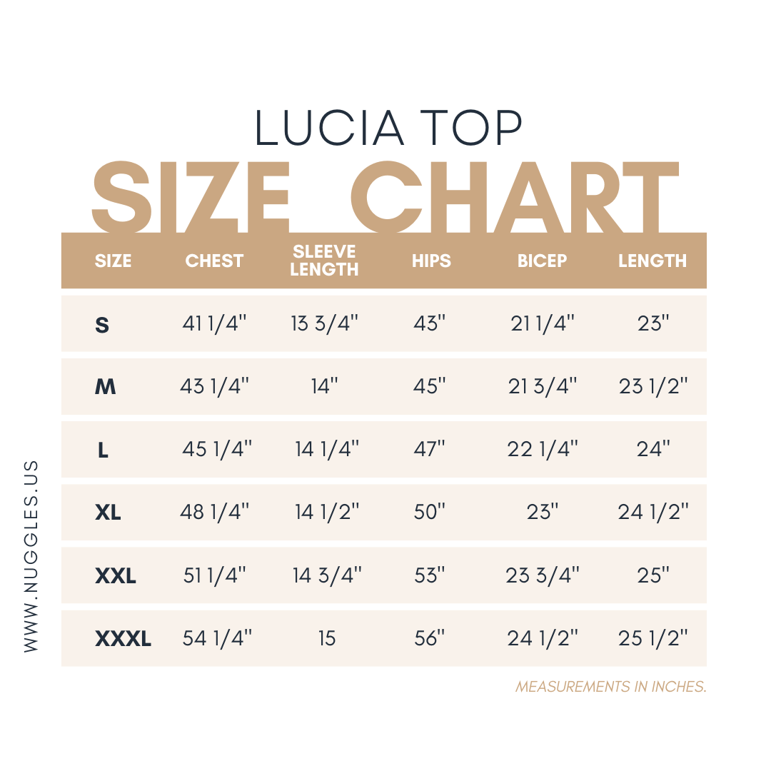 Size chart for Nuggles® Lucia Top with measurements in inches