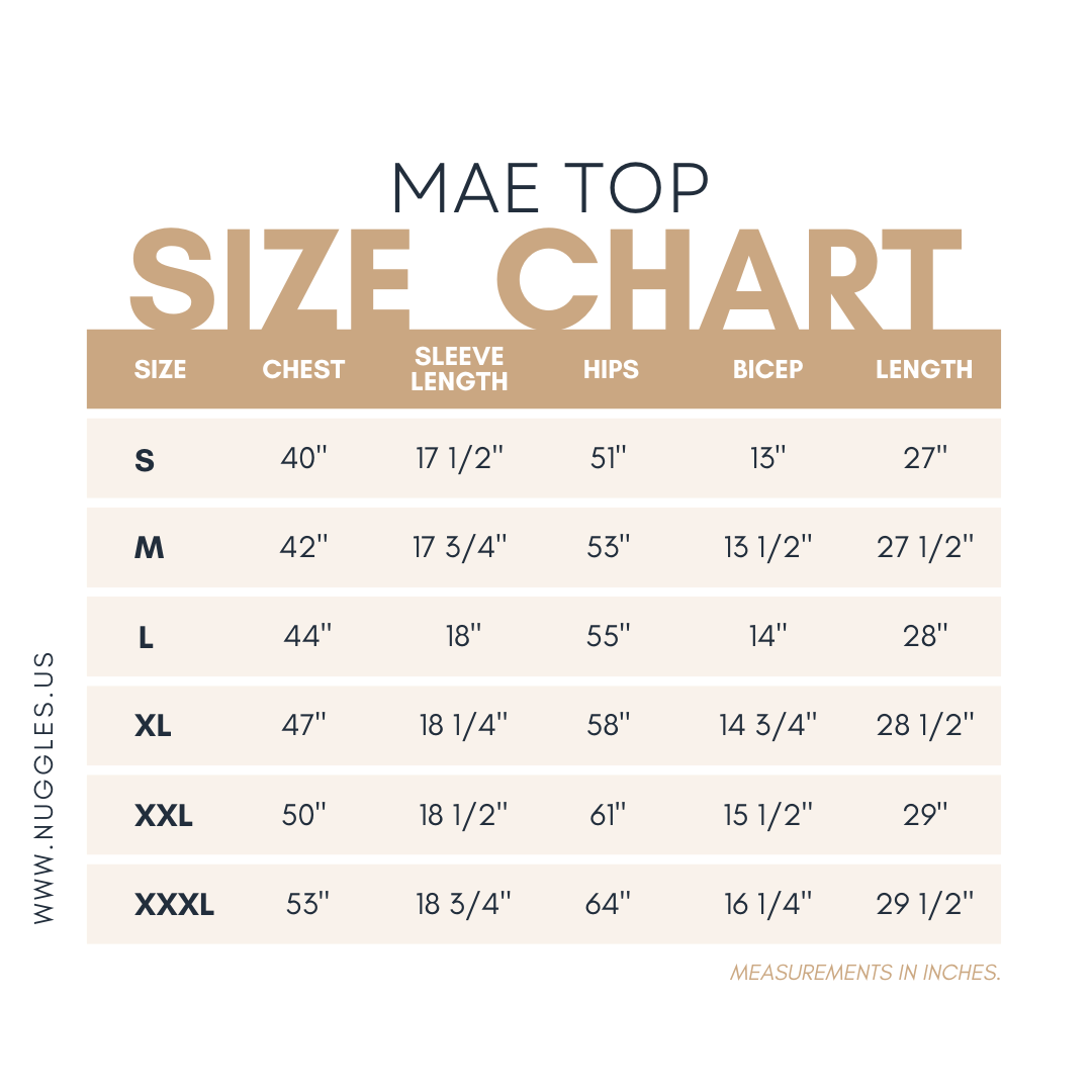 Size chart for Nuggles® Mae Top with measurements for bust, waist, and hip