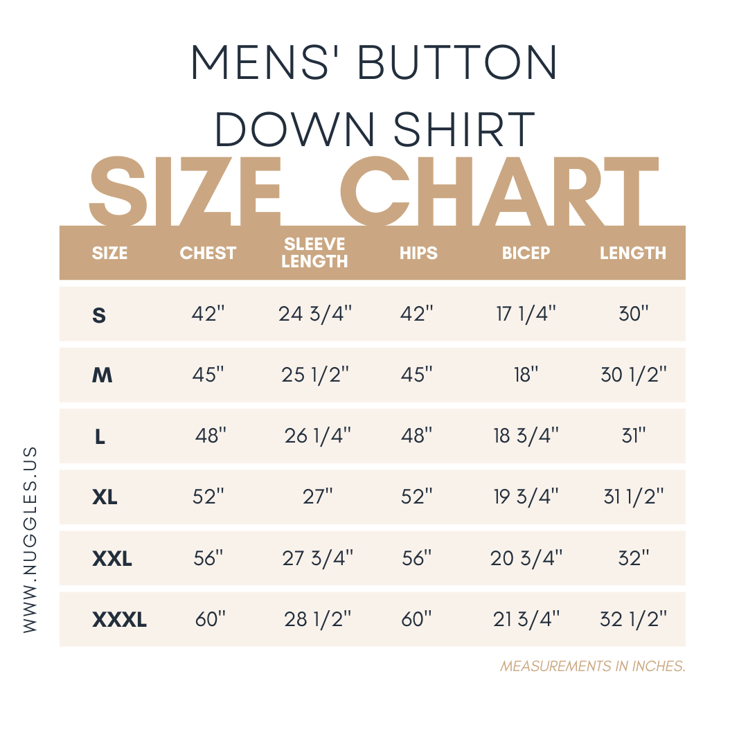 Size chart for Nuggles® Mens' Button Down Shirt with measurements in inches