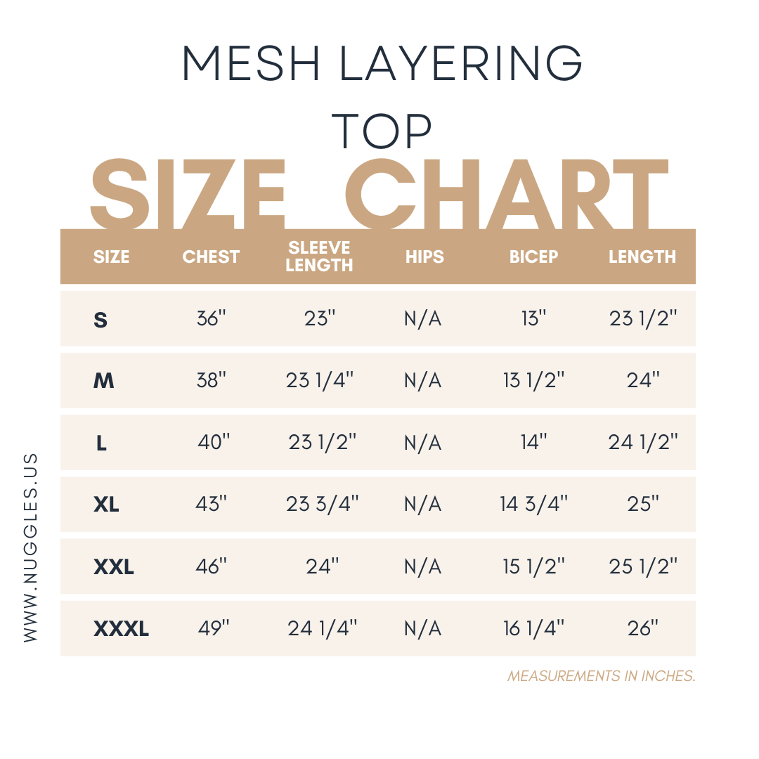 Nuggles® Mesh Layering Top size chart with bust and length measurements for girls and women, modest layering tee sizing guide