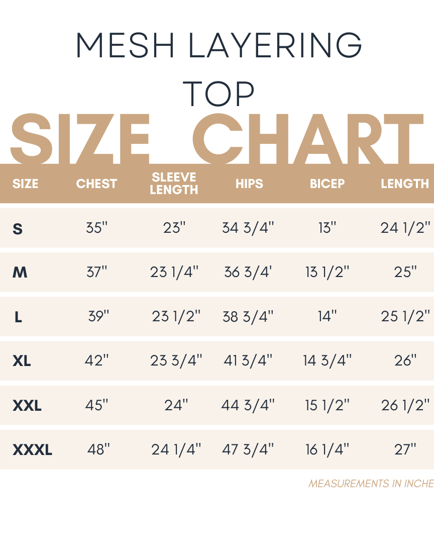 Size chart for Nuggles® Mesh layering Top with measurements in inches