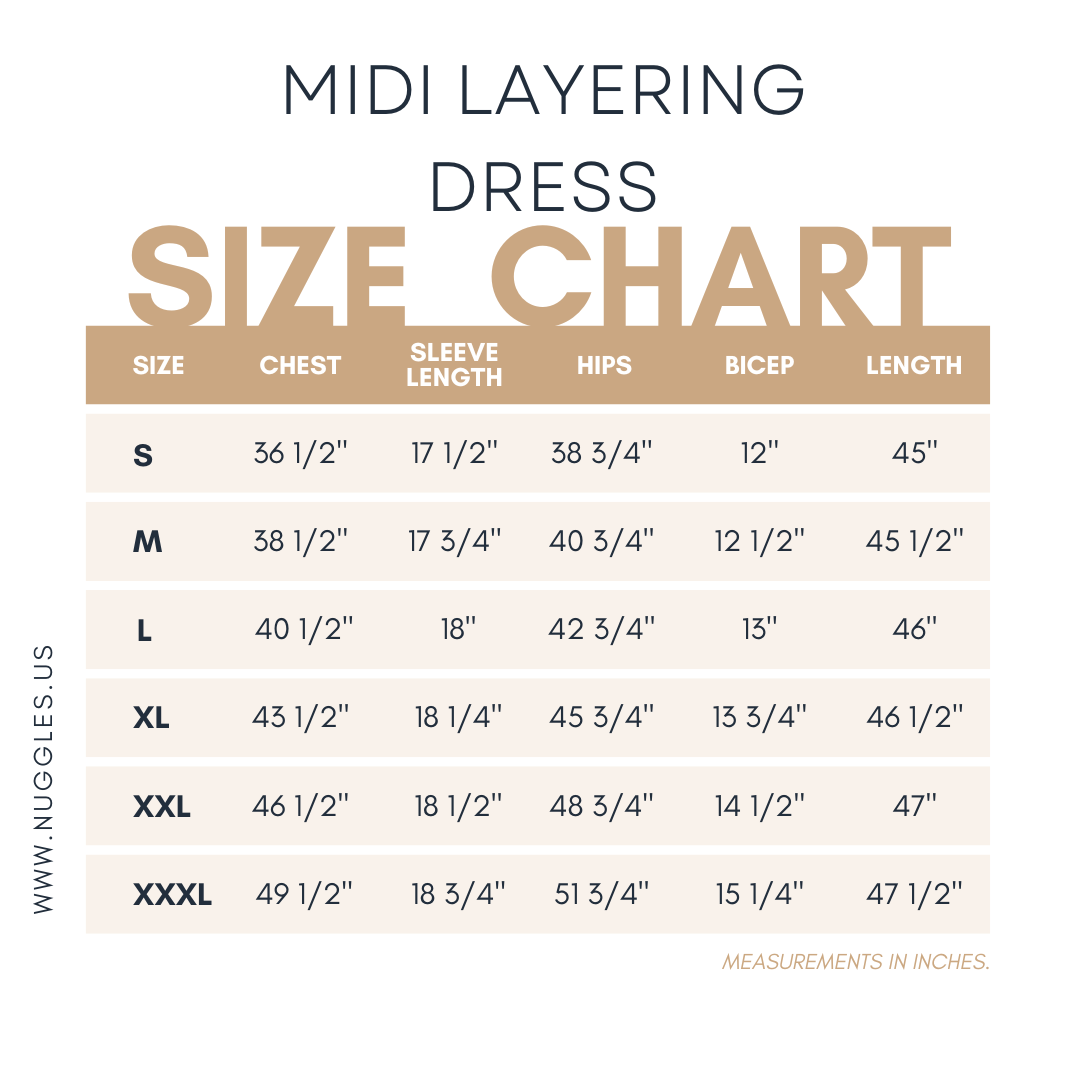 Size chart for Nuggles® Original Style Midi Layering Dress with measurements for bust, waist, hips, and dress length in inches.