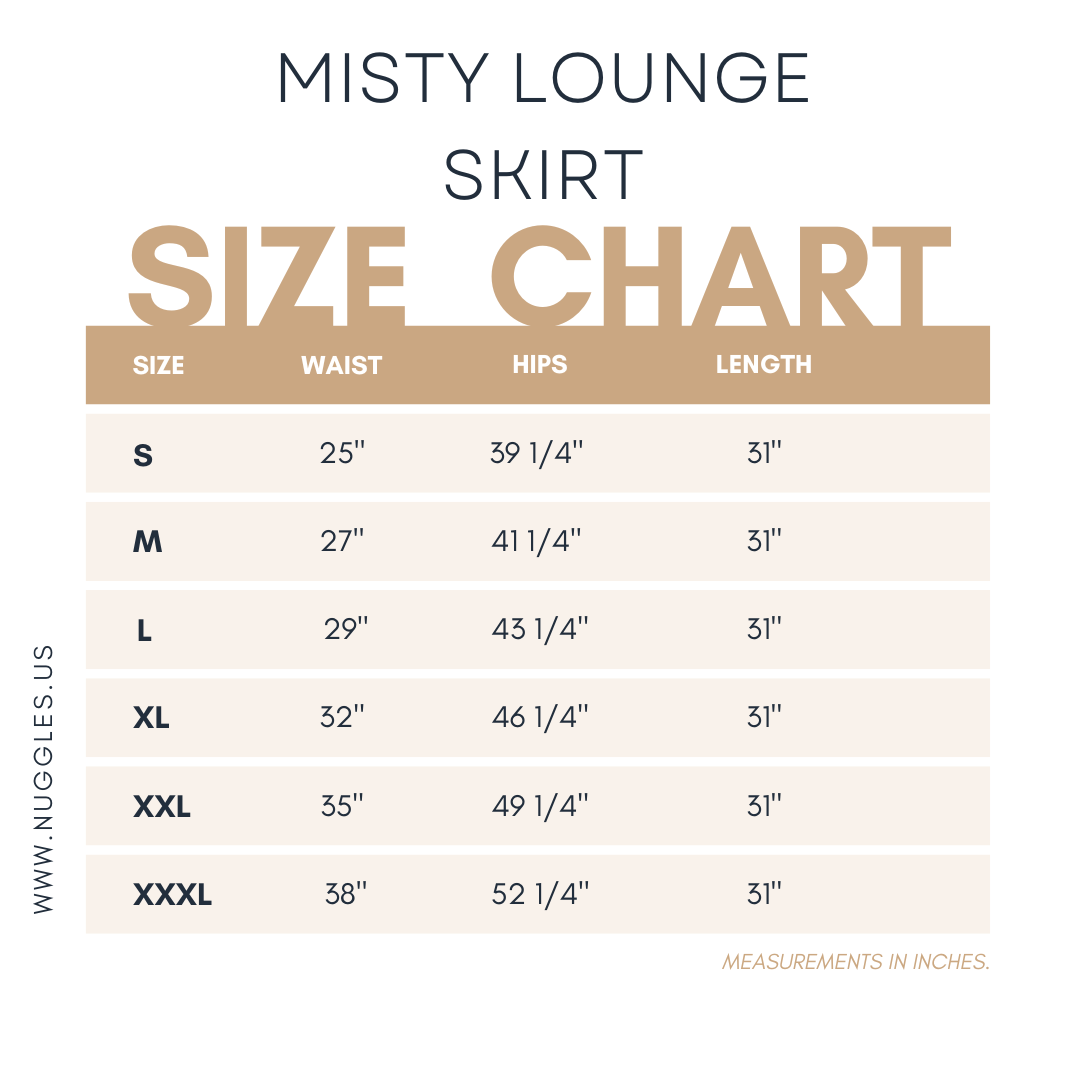 Size chart for Nuggles® Misty Lounge Skirt with detailed waist, hip, and length measurements for each size.