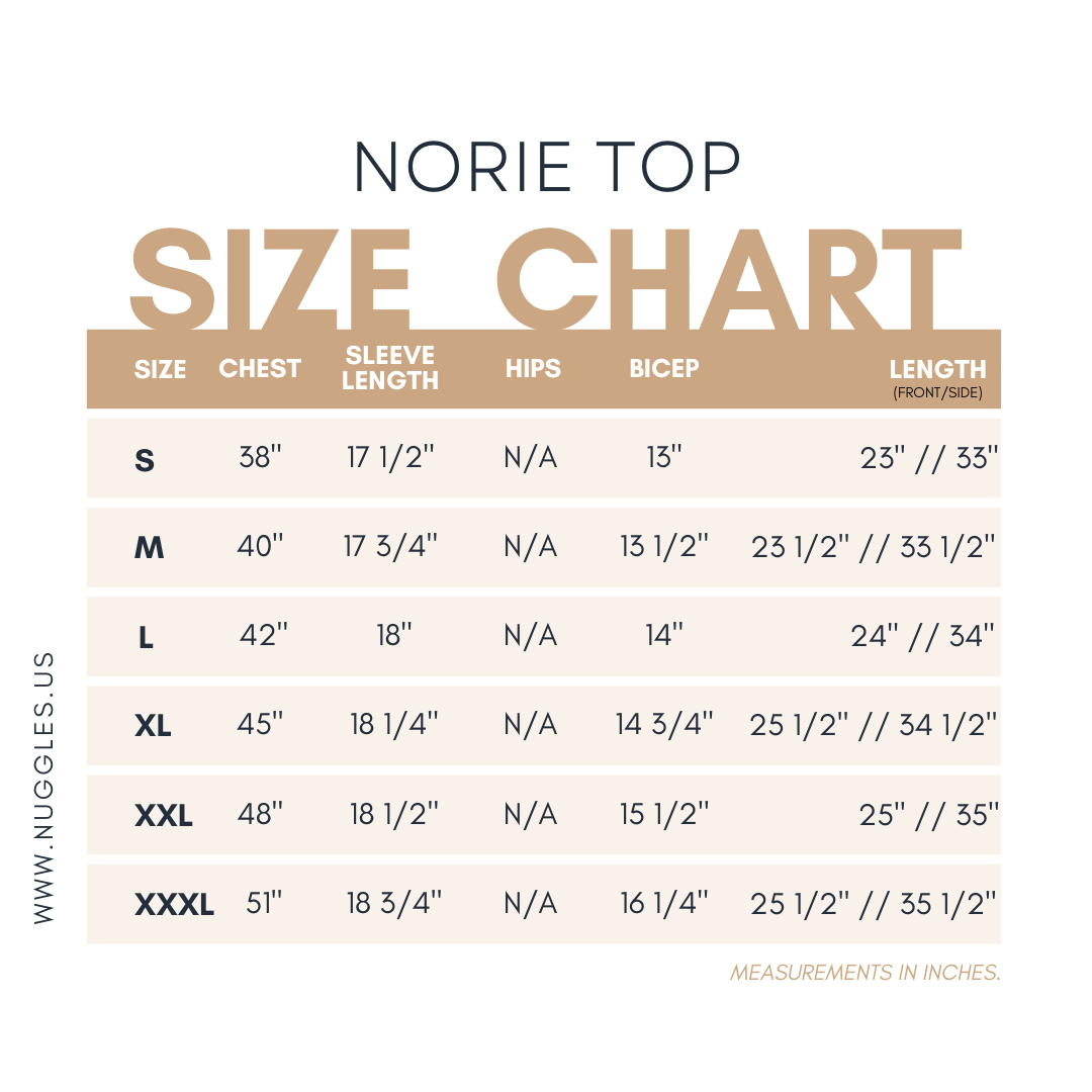 Size chart for the Nuggles® Norie Top – measurements for bust, waist, and length in inched