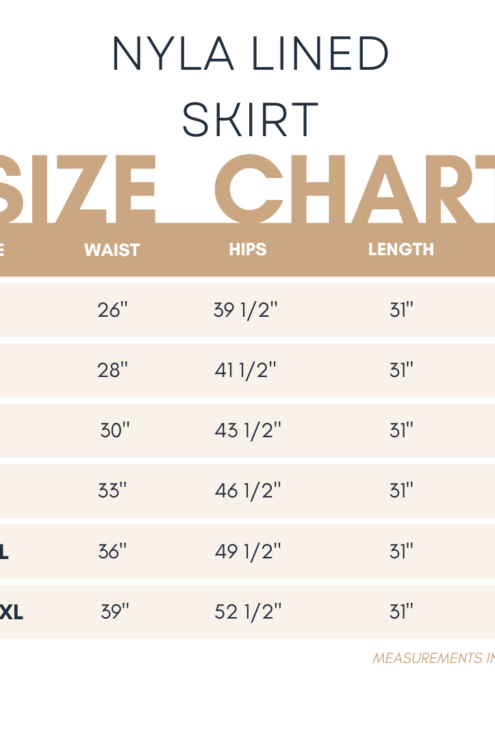 Detailed sizing guide for the Nuggles® Nyla Lined Skirt, a modest everyday lined skirt, showing waist, hip, and length measurements.