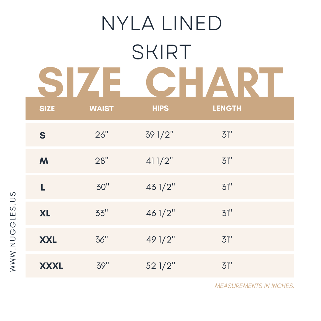 Detailed sizing guide for the Nuggles® Nyla Lined Skirt, a modest everyday lined skirt, showing waist, hip, and length measurements.
