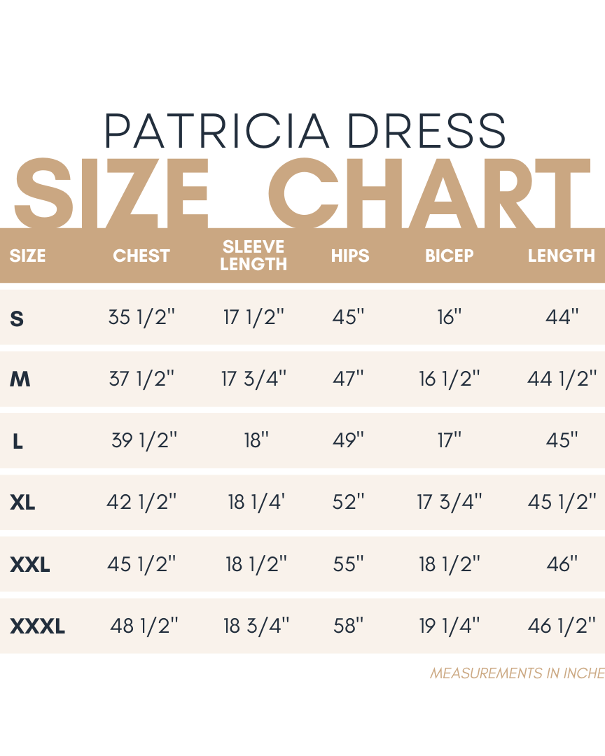 Size chart for the Nuggles® Patricia Dress with measurements in inches.