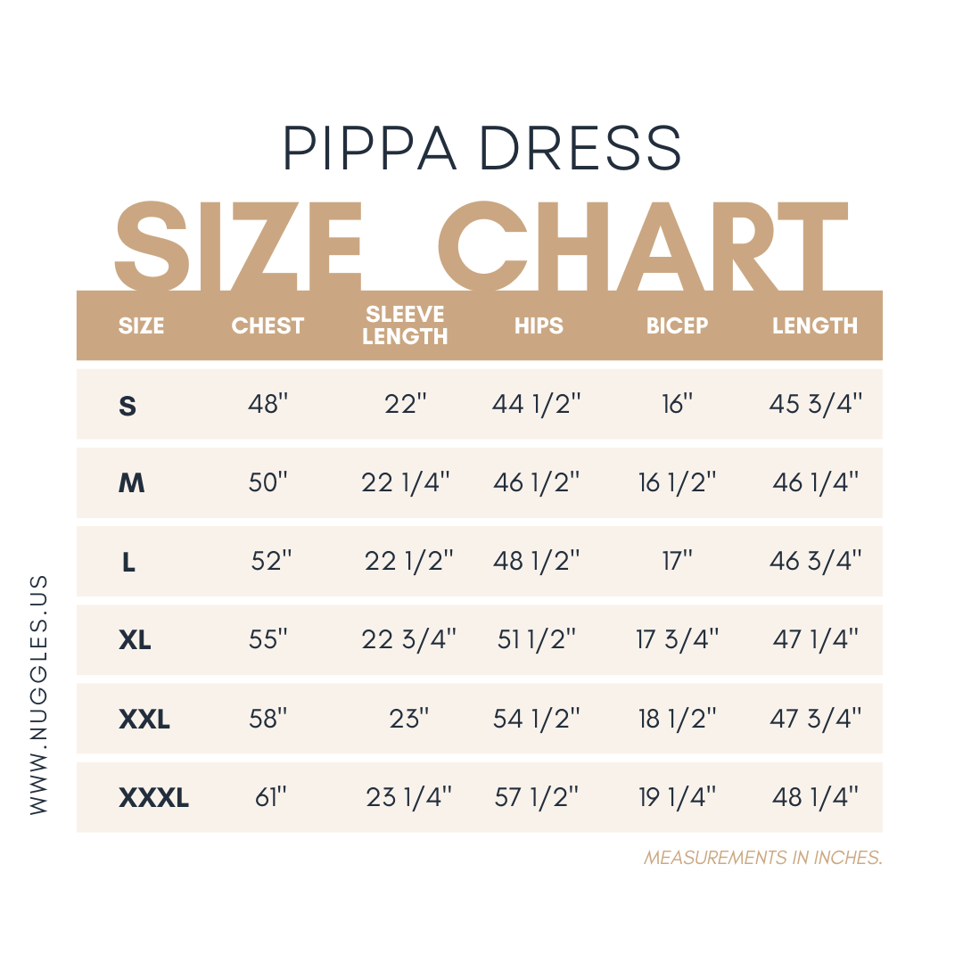Nuggles® Women's modest dolman dress size chart – measurements for bust, waist, hip, and length to help choose the perfect fit.