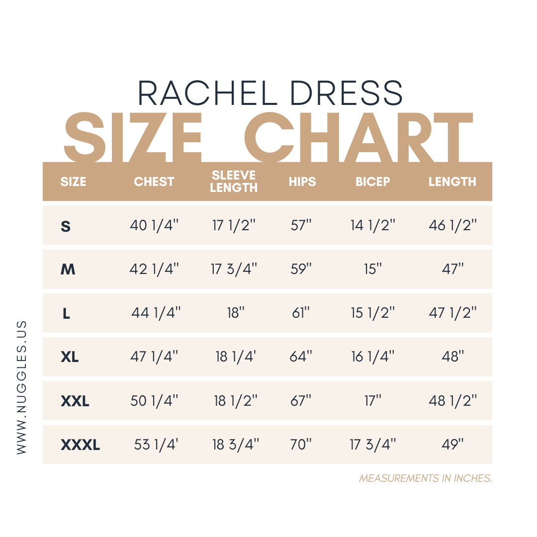 Size chart for Nuggles®Rachel Dress with measurements in inches